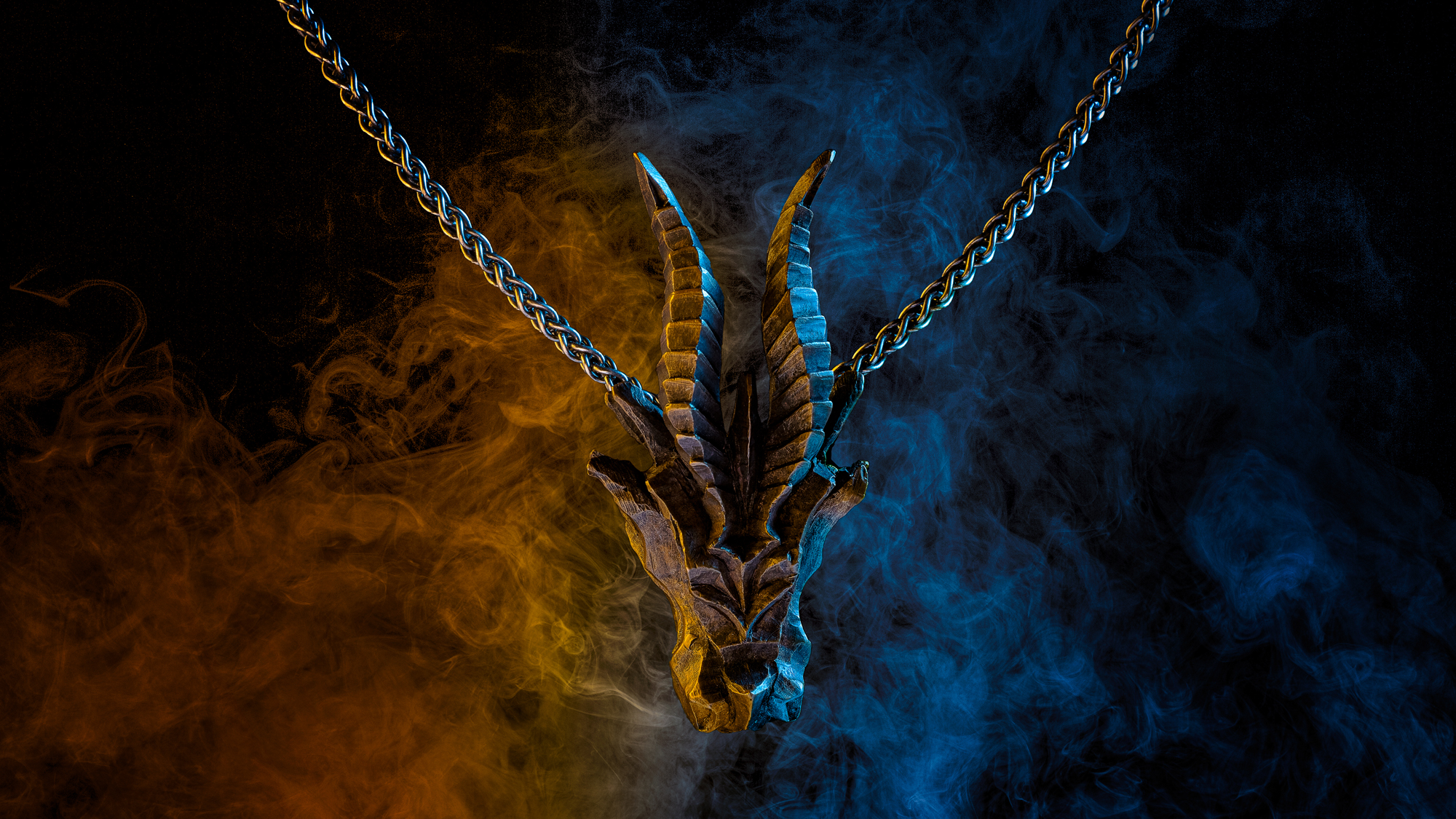 Wenbo Zhao-Creative Jewellery Photography with Object Maker-Bronze Dragon Necklace with yellow and blue smokey lights