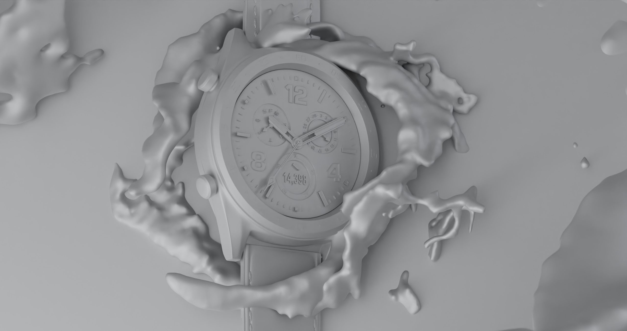CGI photography with Wenbo Zhao Photography Product photographer Sydney Wenbo Zhao CGI Watch Photography red background with a sport watch under the ocean with splash Clay render