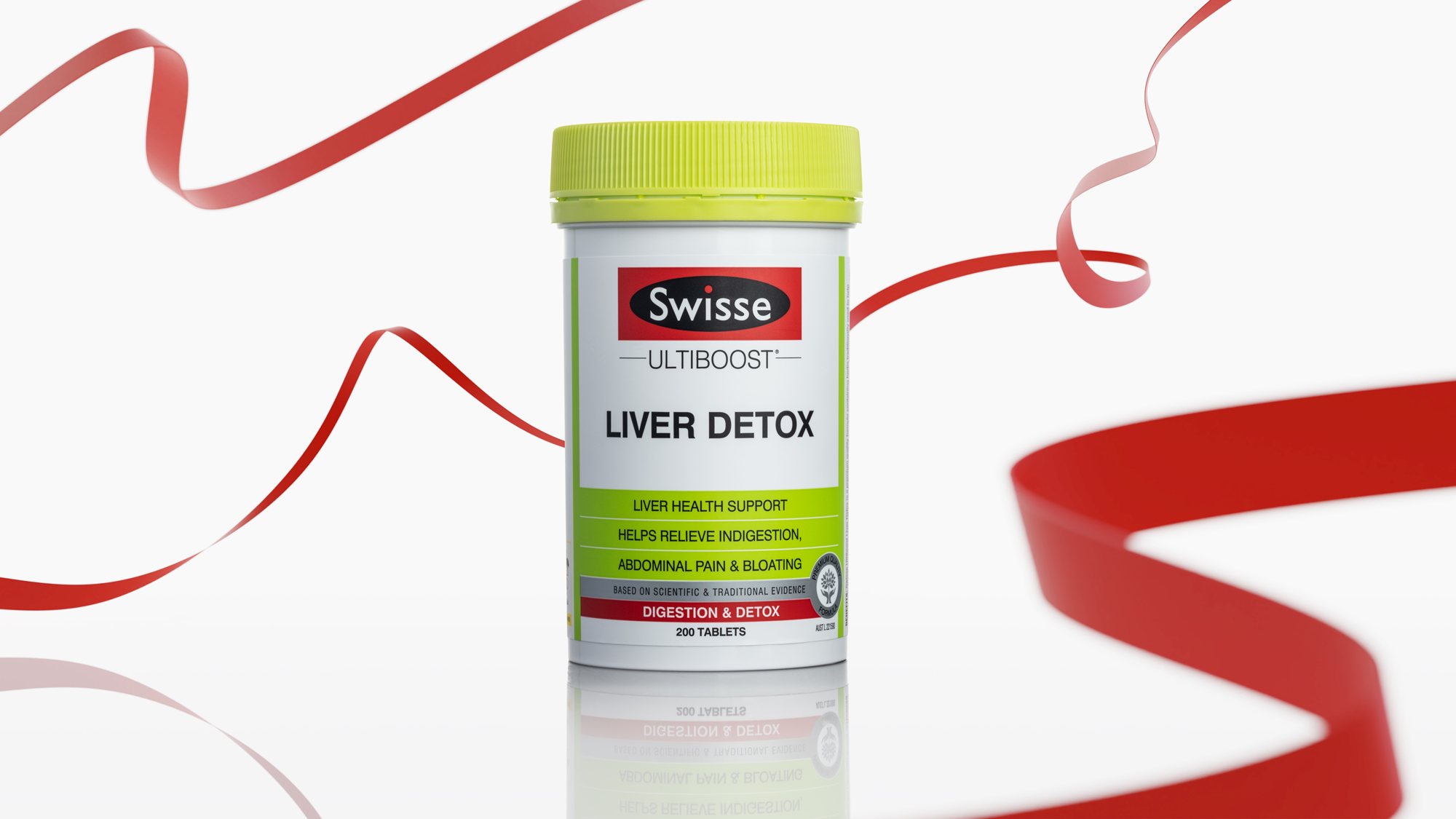 Swisse Liver Detox By Wenbo Zhao Photography Sydney with red ribbon and white background